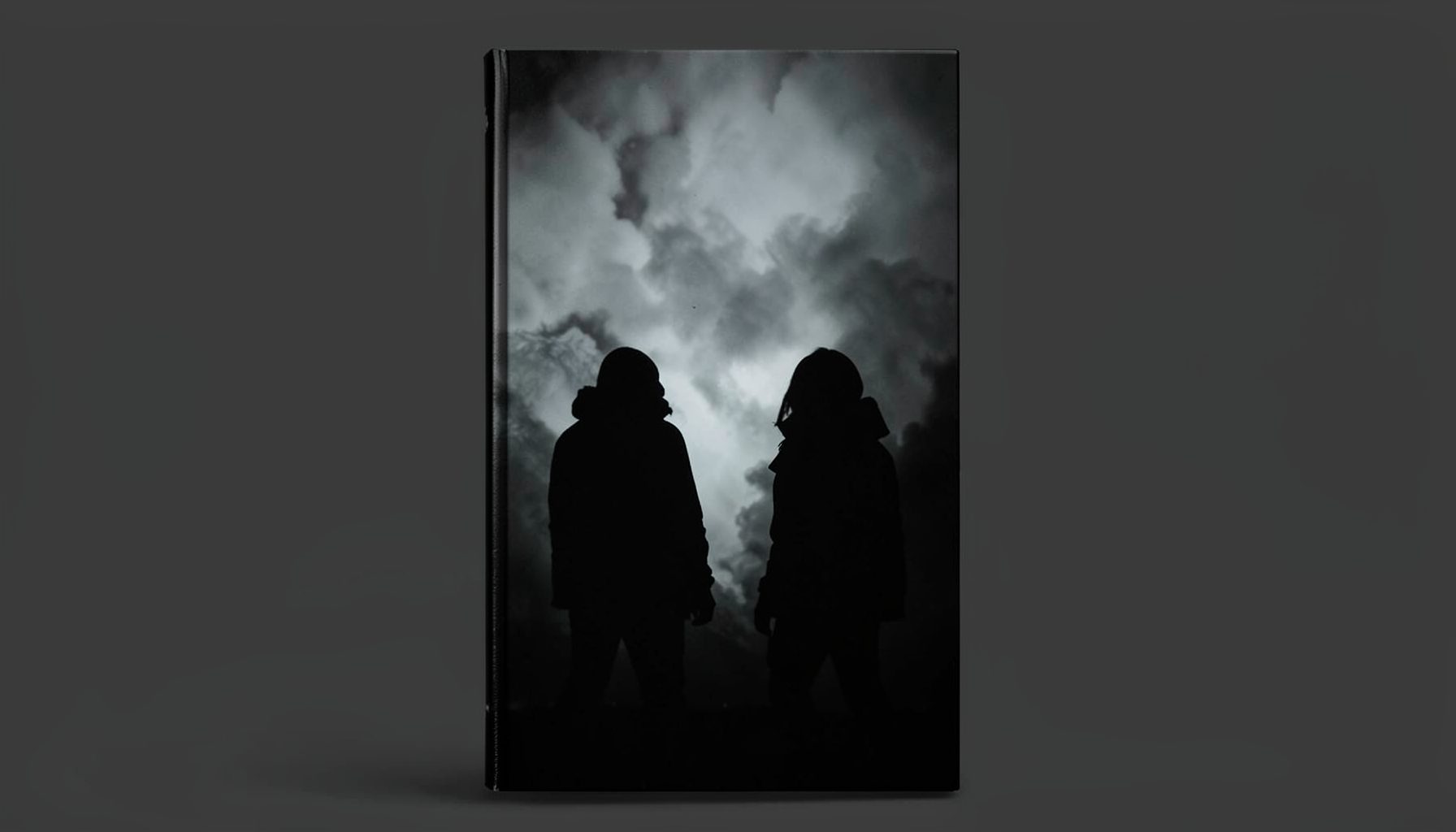 A grim, dark-toned book cover with silhouetted figures against a smoky backdrop