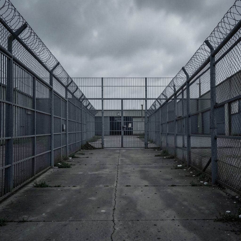 A grim, desaturated image of a prison yard with high fences, conveying isolation and tension in muted gray tones