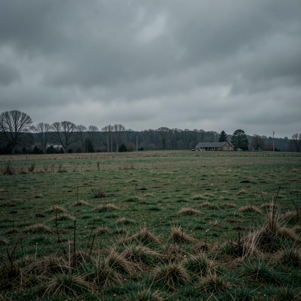 A moody rural landscape with a farmhouse in the distance under an overcast sky, muted greens and browns