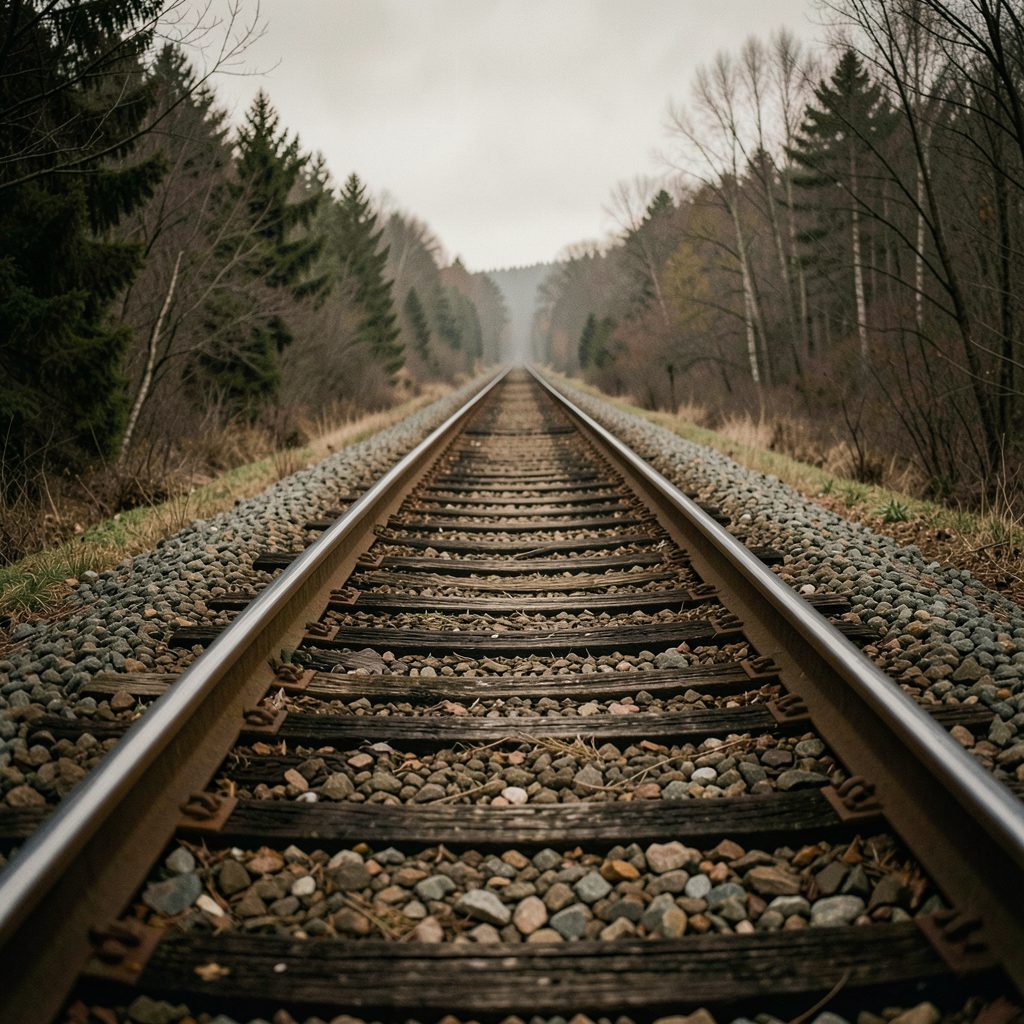A subdued, earthy-toned image of a weathered railroad track stretching into a wooded horizon, suggesting journey and survival