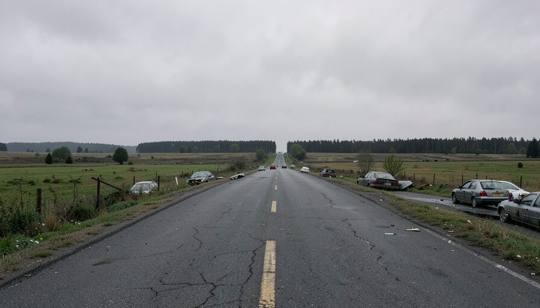 A desolate rural highway under a grey overcast sky, abandoned cars scattered across the asphalt, with muted green-brown tones
