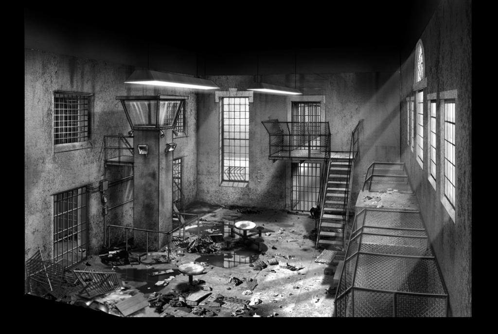 Black and white illustration of a dilapidated multi-level interior space with barred windows and staircases, evoking a post-apocalyptic atmosphere