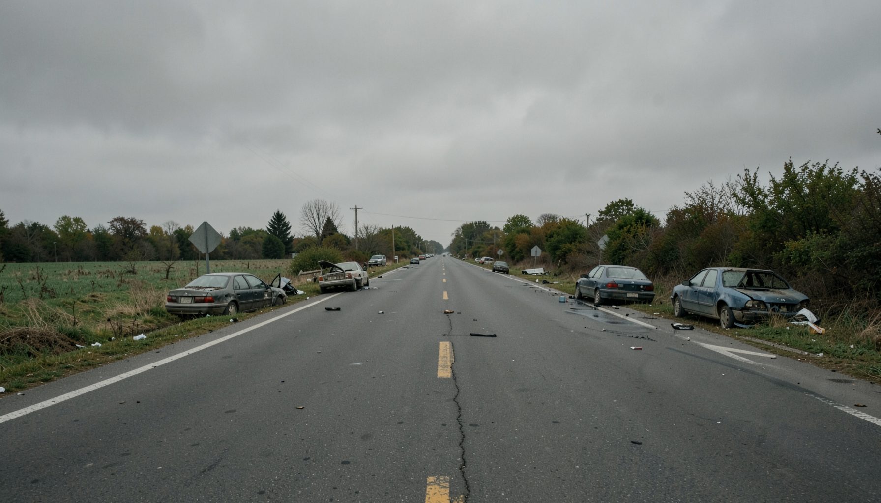 A desolate rural highway under a grey overcast sky, abandoned cars scattered across the asphalt, with muted green-brown tones