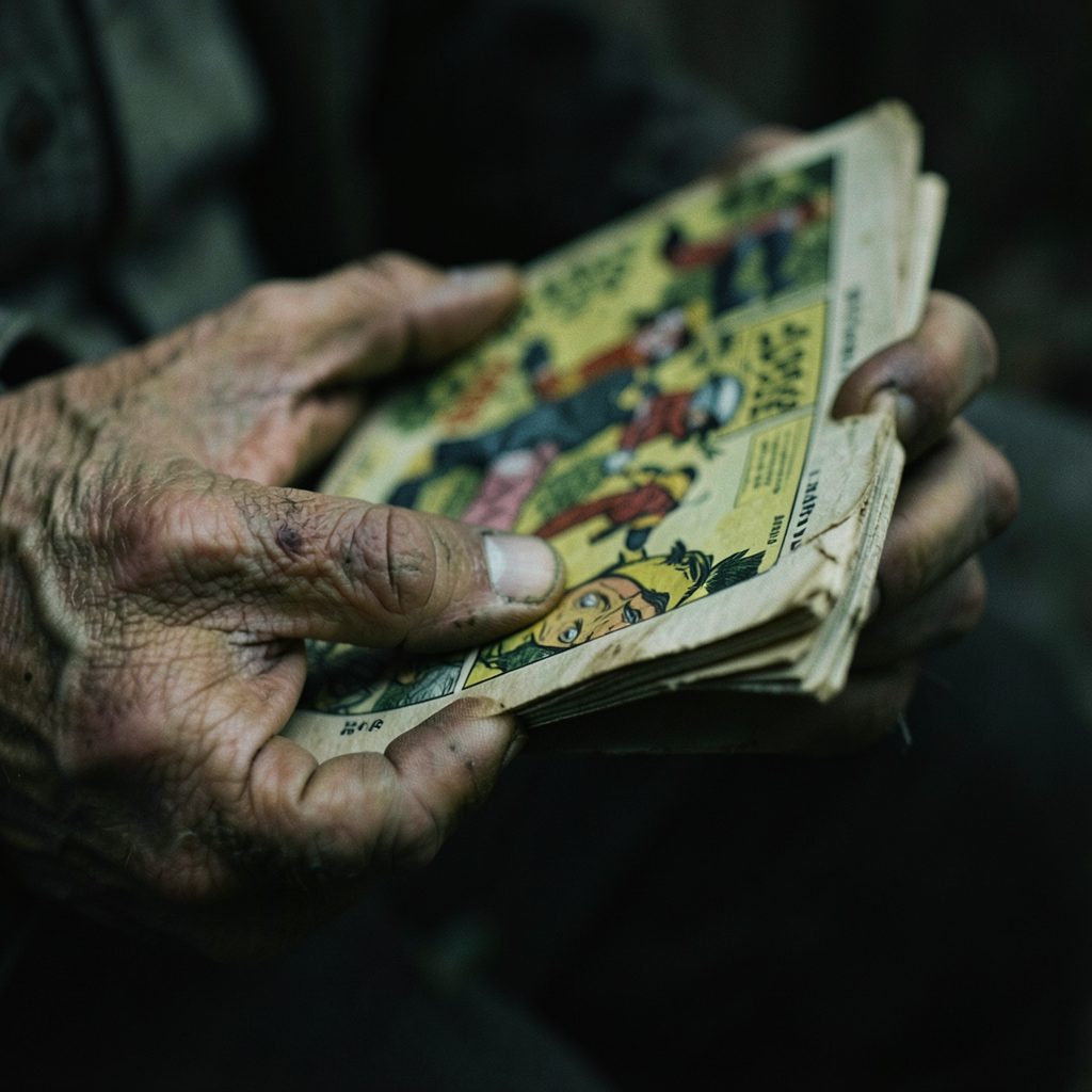 A dim, atmospheric close-up of weathered hands holding a worn comic book, muted greens and browns dominating the scene