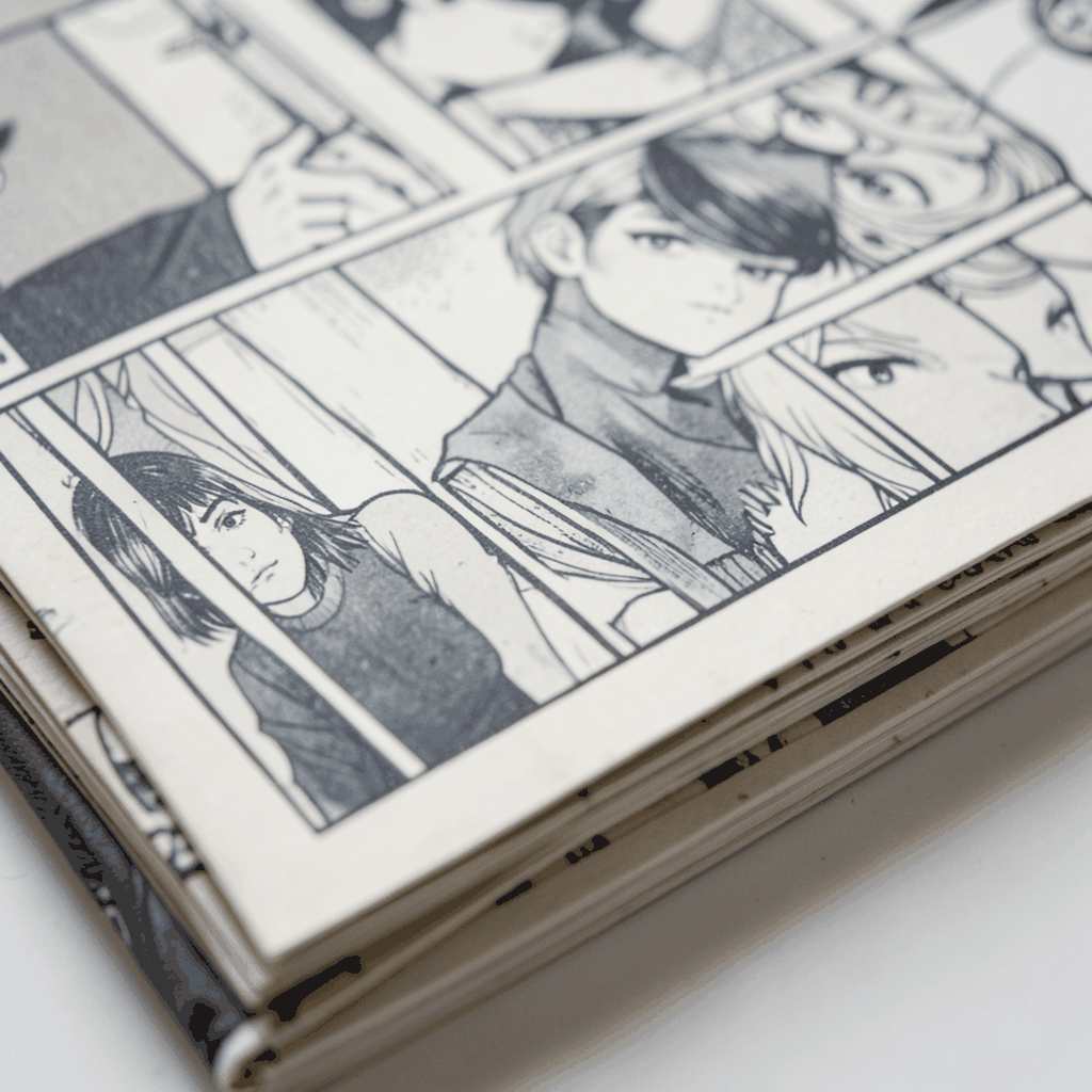 A desaturated close-up of stacked comic book pages with black-and-white line art visible, dark grays and muted off-white tones