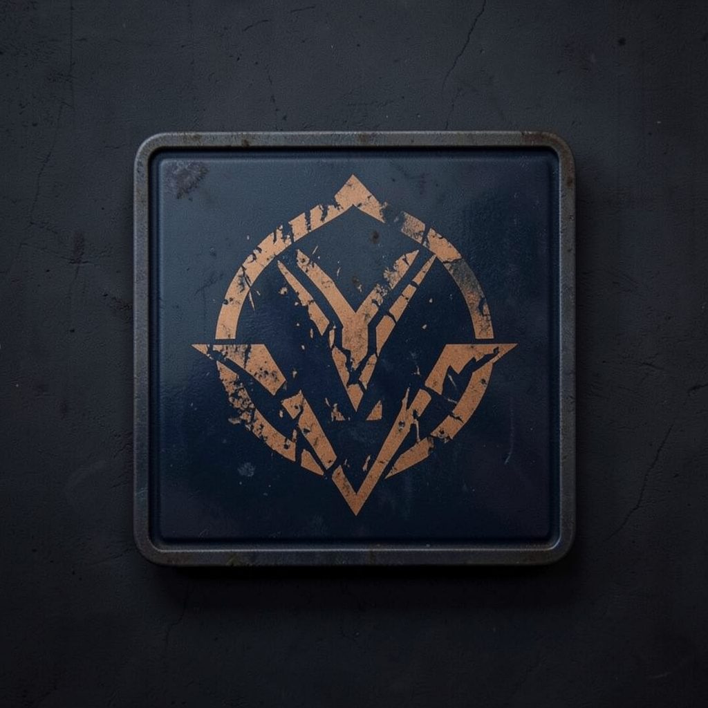 A dark, atmospheric square badge with a stylized emblem suggesting a post-apocalyptic survivor insignia in navy and muted orange tones